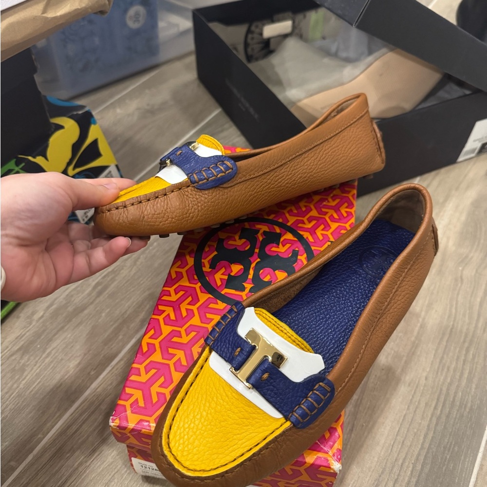 Tory Burch Yellow and Brown Loafers with Blue Accent - Picture 4 of 6
